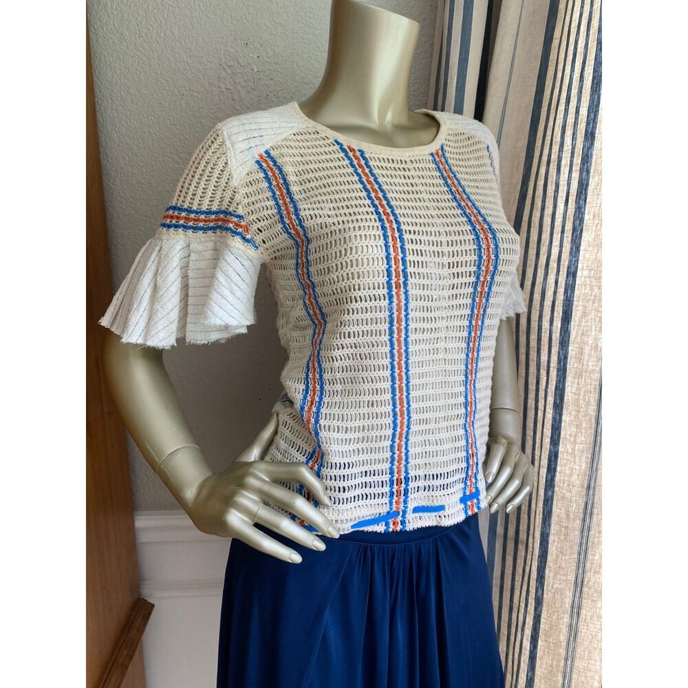 Free People Cream Open-Knit Scoop Neck Sweater with Blue & Orange Stripes